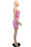 Correa de espagueti sin espalda con estampado sexy de moda rosa sin mangas de dos piezas