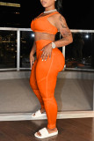 Orange Casual Sportswear Solida västar Byxor U-hals ärmlös två delar