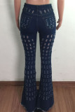 Light Blue Fashion Casual Solid Hollowed Out High Waist Regular Hole Flare Leg Jeans
