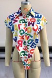 Letter Print Fashion Casual Letter Print Asymmetrischer Turndown-Kragen Ärmelloses Kleid Plus Size Tops