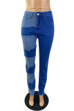 Jeans regular azul moda casual patchwork básico cintura alta