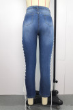 Medium Blue Fashion Casual Solid Bandage Slit Plus Size Jeans