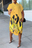 Gelbes Mode-beiläufiges Druck-asymmetrisches Turndown-Kragen-Hemd-Kleid