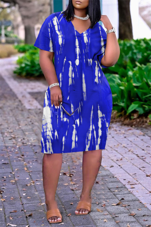 Синее модное повседневное платье больших размеров с принтом, базовое платье с V-образным вырезом и короткими рукавами