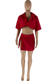 Red Sexy Casual Solid Slit Turndown Collar Half Sleeve Two Pieces