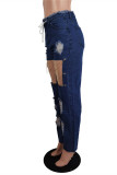 Blauwe mode casual effen gescheurde uitgeholde kettingen hoge taille regular jeans