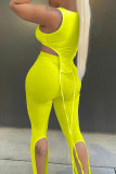Fluorescent Yellow Sexy Casual Solid Asymmetrical O Neck Tops