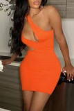 Оранжевое модное сексуальное однотонное платье без рукавов на одно плечо