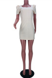 Абрикосовое сексуальное повседневное однотонное базовое платье с квадратным воротником и коротким рукавом