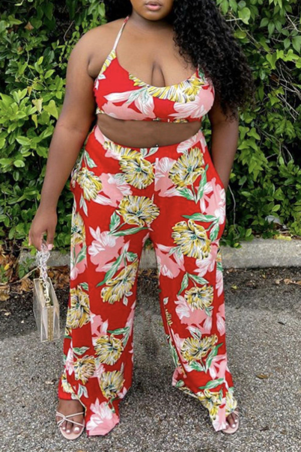 Red Sexy Casual Print Backless Spaghetti Strap Plus Size Two Pieces
