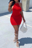 Vestido sem mangas vermelho fashion sexy sólido sem costas sem costas