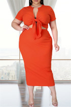Tangerine Red Fashion Casual Solid Bandage V-Ausschnitt Plus Size Two Pieces