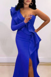 ブルー ファッション セクシー ソリッド パッチワーク スリット ワンショルダー イブニング ドレス ドレス