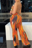 Orange Fashion Sexy Print Backless Spaghetti Strap Regular Cami Flare Leg Jumpsuits