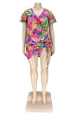 ローズレッドファッションカジュアルプラスサイズプリント中空アウトVネック半袖ドレス