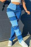 Blaue, modische, lässige Patchwork-Basic-Jeans mit hoher Taille und normaler Passform