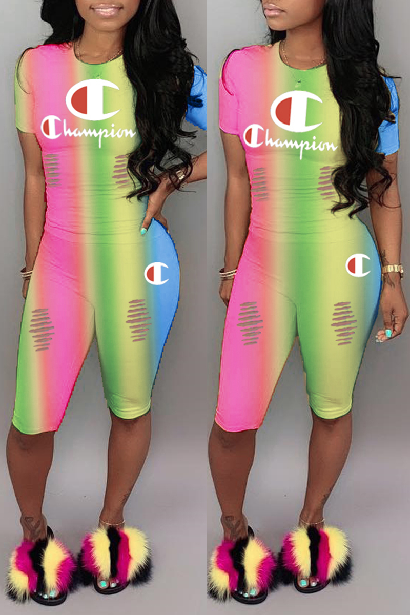 

Multicolor Fashion Casual Print Basic O Neck Short Sleeve Two Pieces