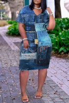 Глубокое синее модное повседневное платье с принтом и коротким рукавом с V-образным вырезом