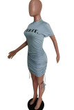 ライトグレー ファッション カジュアル レター プリント ドローストリング フォールド ハーフ A タートルネック 半袖ドレス