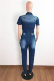 ベビー ブルー ファッション カジュアル ソリッド ジッパー ターンダウン カラー レギュラー ジャンプスーツ