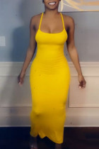黄色のファッションセクシーなソリッドバックレススパゲッティストラップノースリーブドレス