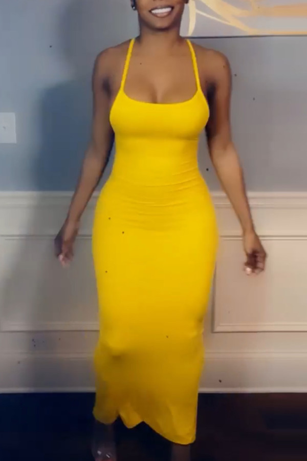 Vestido sin mangas con correa de espagueti sin espalda sólida sexy de moda amarilla