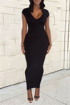 Черное сексуальное повседневное однотонное платье без спинки с разрезом и V-образным вырезом с коротким рукавом