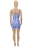 Blue Fashion Sexy Letter Print Ripped Spaghetti Strap Sleeveless Two Pieces