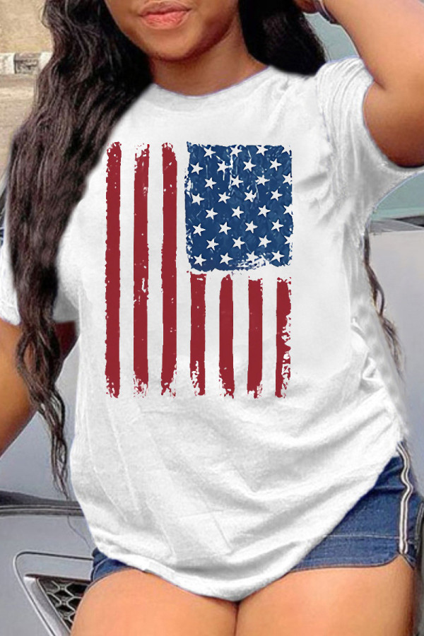 Camisetas de cuello redondo con estampado de bandera americana casual de moda blanca