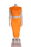 Orange Sweet Solid Patchwork O Neck Sleeveless Plus Size Two Pieces