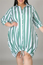 Зеленое модное повседневное платье-рубашка больших размеров с полосатым принтом, базовое платье-рубашка с отложным воротником