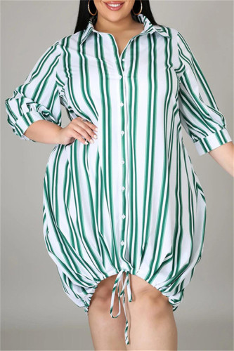 Green Fashion Casual Plus Size Striped Print Basic Turndown Collar Shirt Dress