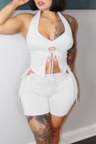Bandagem sólida sexy moda branca sem costas sem mangas duas peças