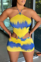 Gele mode sexy print uitgeholde backless halter mouwloze jurk