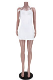 Белое модное сексуальное однотонное платье без рукавов с открытой спиной и лямкой на шее