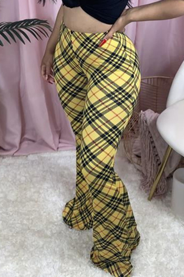 Calças amarelas moda casual estampa básica regular cintura alta