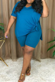Blue Fashion Casual Solid V-hals Plus Size Two Pieces