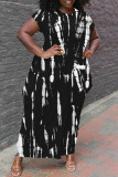 Zwarte mode plus size print asymmetrische O-hals jurk met korte mouwen