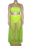 Verde fluorescente moda sexy sólido retalhos sem alças plus size duas peças