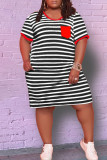 Rode mode casual grote maten gestreepte print patchwork jurk met korte mouwen en ronde hals