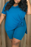 Moda Azul Casual Sólido Fenda Gola V Plus Size Duas Peças