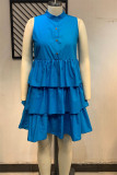 ブルー ファッション カジュアル プラス サイズ ソリッド パッチワーク ノースリーブ ドレス