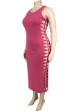 Pink Fashion Casual Plus Size Solid Hollowed Out O Neck Vest Dress