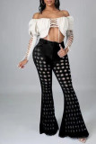 Black Fashion Casual Solid Hollowed Out High Waist Regular Jeans