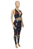 Black Fashion Sexy Print Bandage Backless Halter Sleeveless Two Pieces