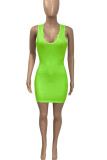 Fluorescent Green Sexy Solid Patchwork V Neck A Line Dresses