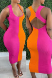 Mehrfarbiges, sexy, lässiges Patchwork-Kleid mit U-Ausschnitt und Weste
