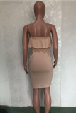 ベージュのファッションセクシーなソリッドバックレススリットスパゲッティストラップノースリーブドレス