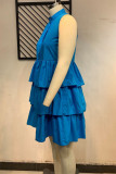 Blauwe mode casual grote maat effen patchwork mouwloze jurk