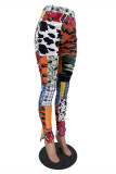 Paarse mode casual print patchwork normale hoge taille broek